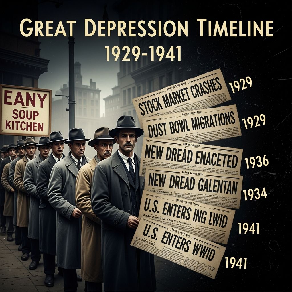 Complete timeline of the Great Depression from the 1929 stock market crash through 1941.