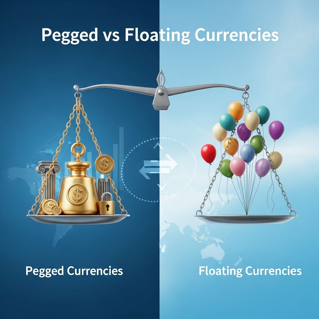 Understand the differences between pegged and floating exchange rate systems and their impact on global trade.