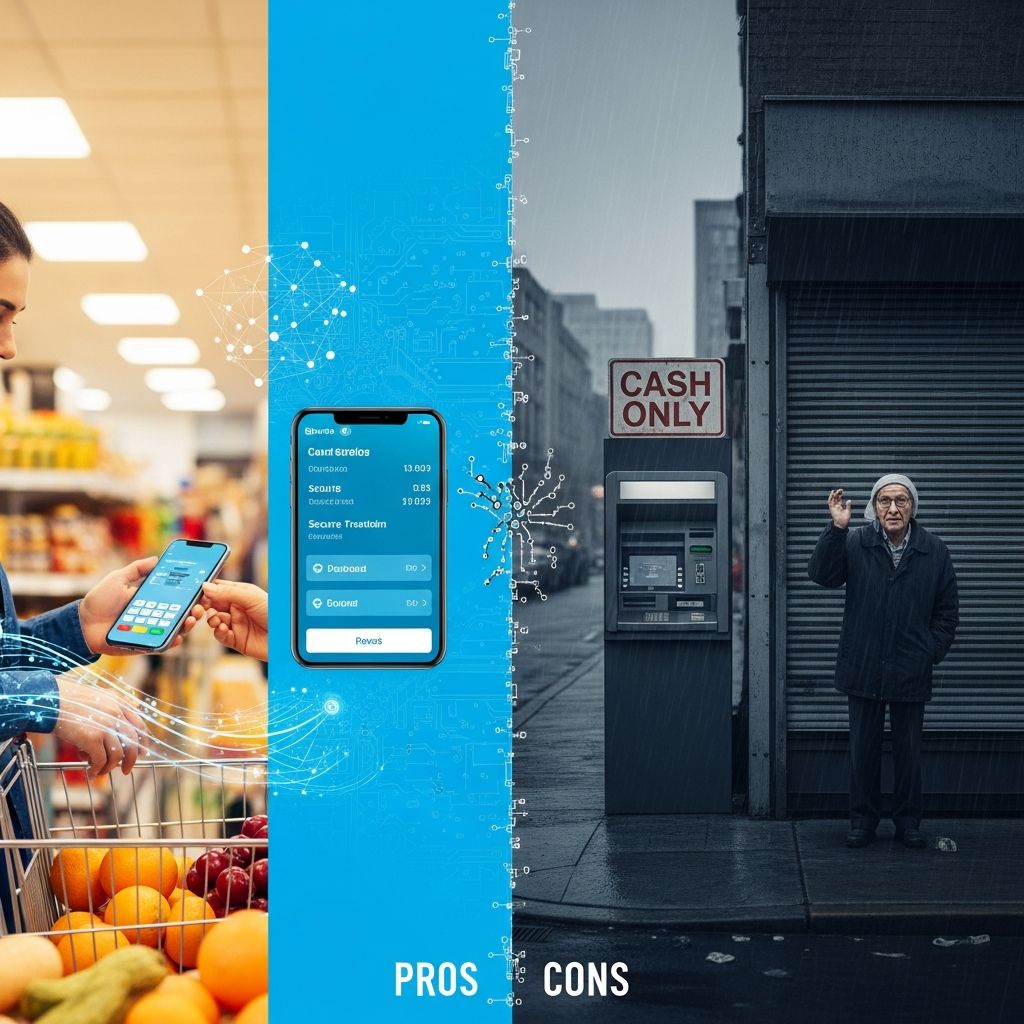 Explore the advantages and disadvantages of transitioning to a completely cashless economy.