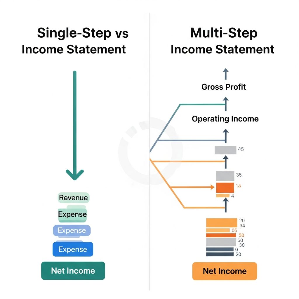Understand the key differences between single-step and multi-step income statements for better financial analysis.