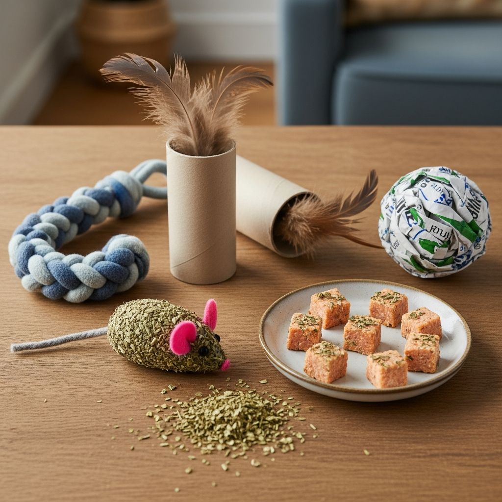 Save money and delight your cat with easy homemade toys and treats using household items.