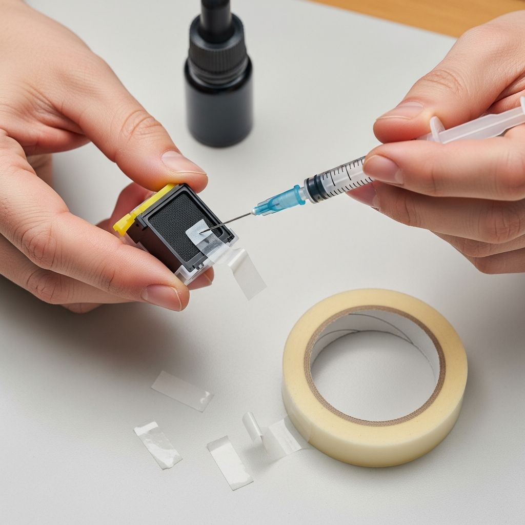 Save hundreds on printing costs by refilling your own ink cartridges using simple household items like tape and a syringe.