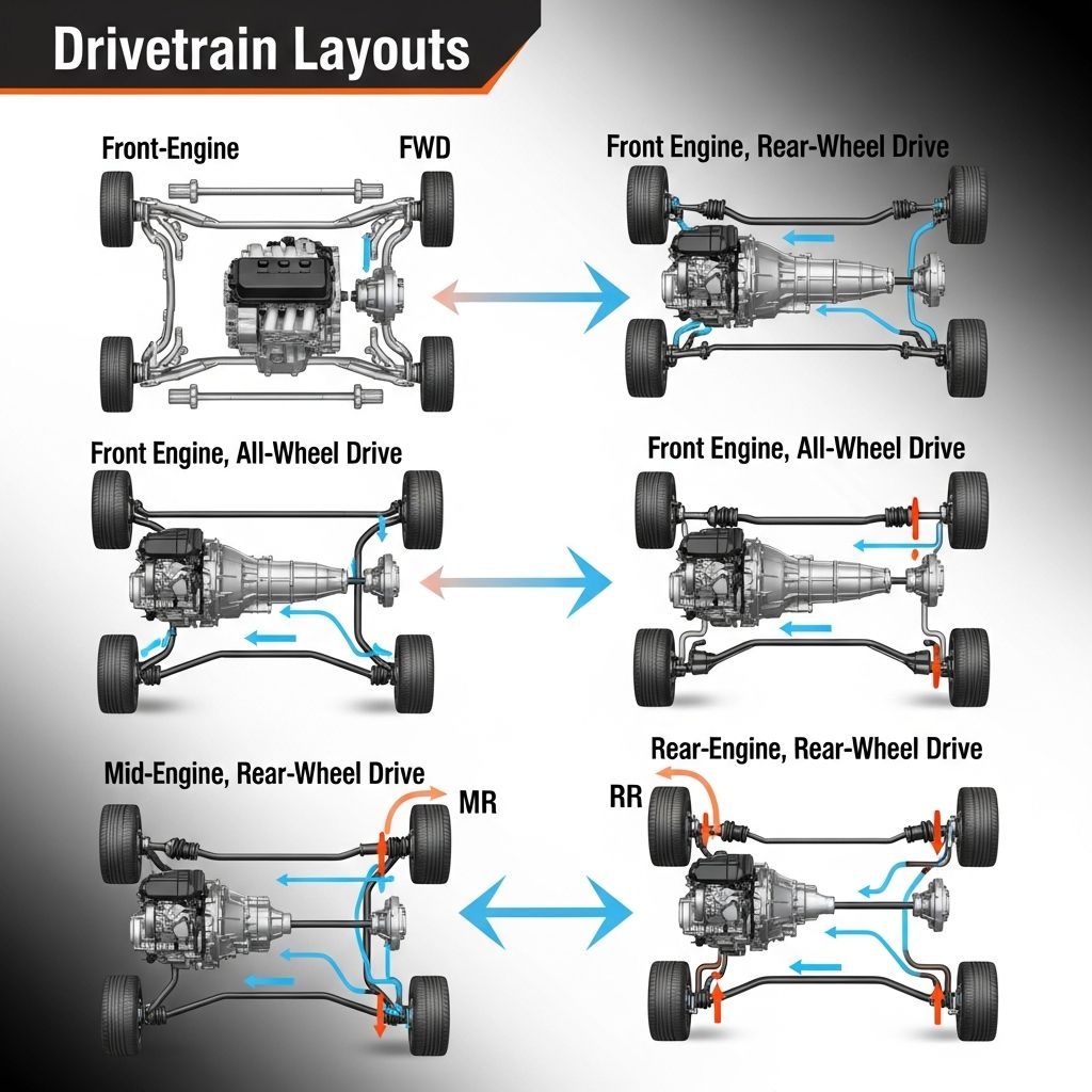Explore drivetrain configurations from FWD to 4WD, their mechanics, pros, cons, and maintenance for optimal vehicle performance.